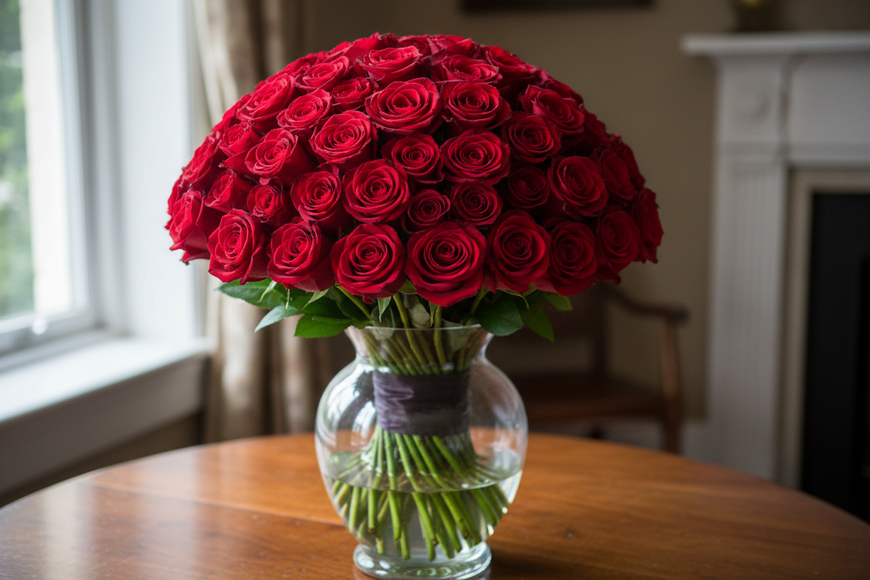 A bouquet of 50 red roses
