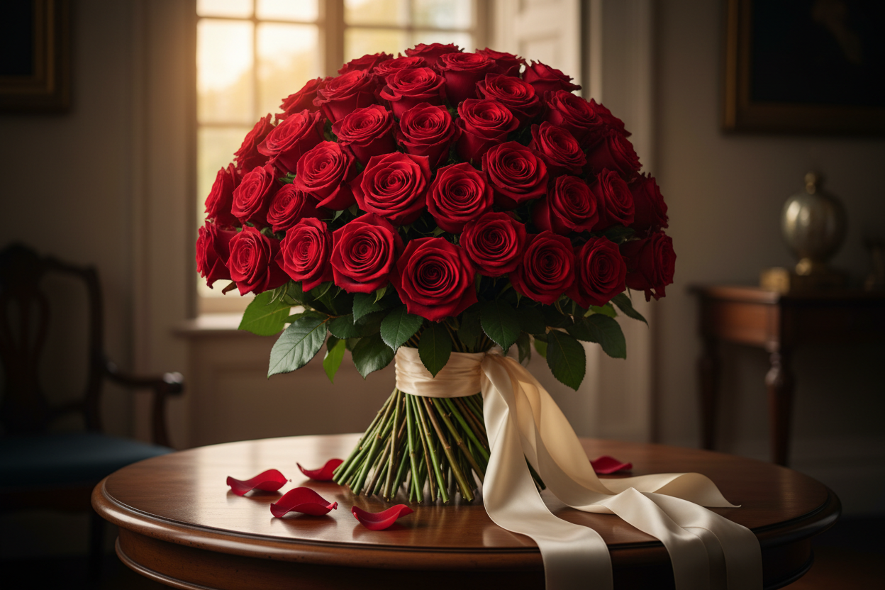 Generate a bouquet of 100 red roses