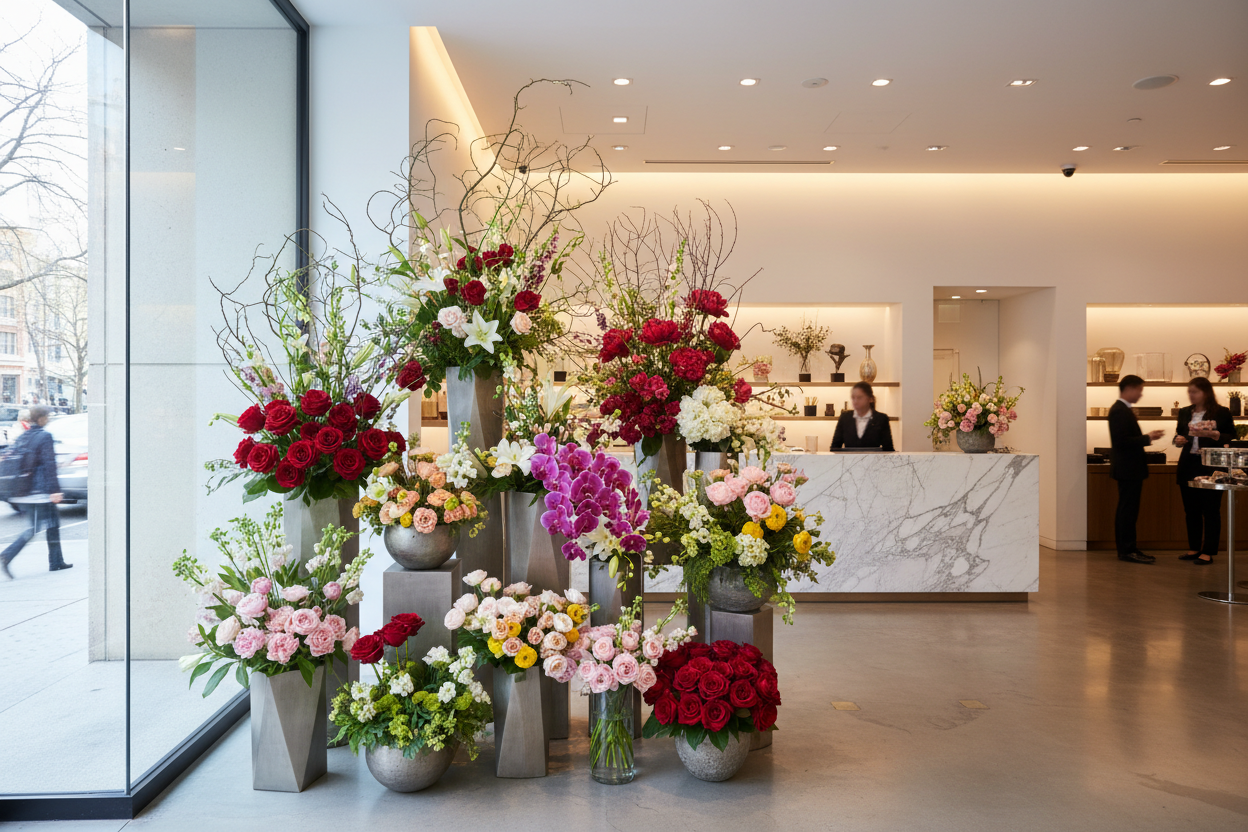 A flower arrangement inside a commercial store, showing our range of commercial installations available