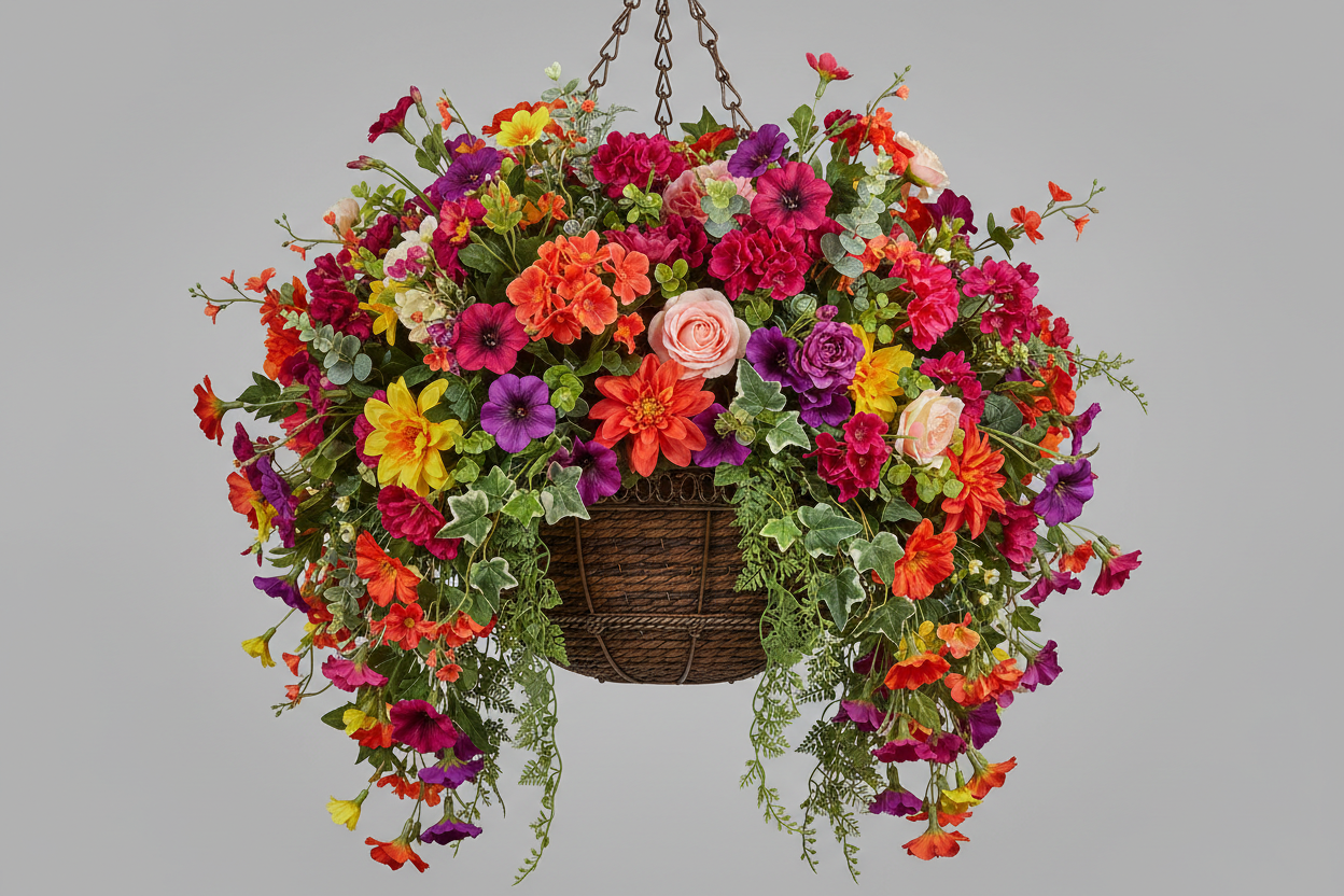 A larger artificial hanging basket offering added fullness and premium detailing.