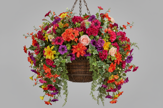 A larger artificial hanging basket offering added fullness and premium detailing.