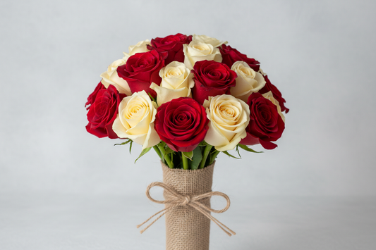 A small bouquet of 12 red and cream roses