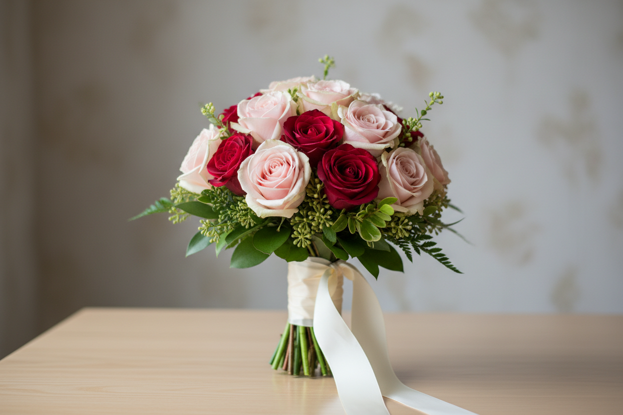 A small bouquet of 12 roses pink, red and cream